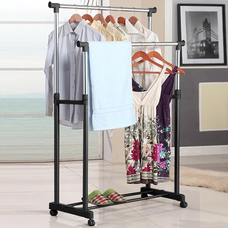 Rebrilliant Double Rod Garment Clothing Rack, Rolling Clothes Racks, Hanging Rail On Wheels